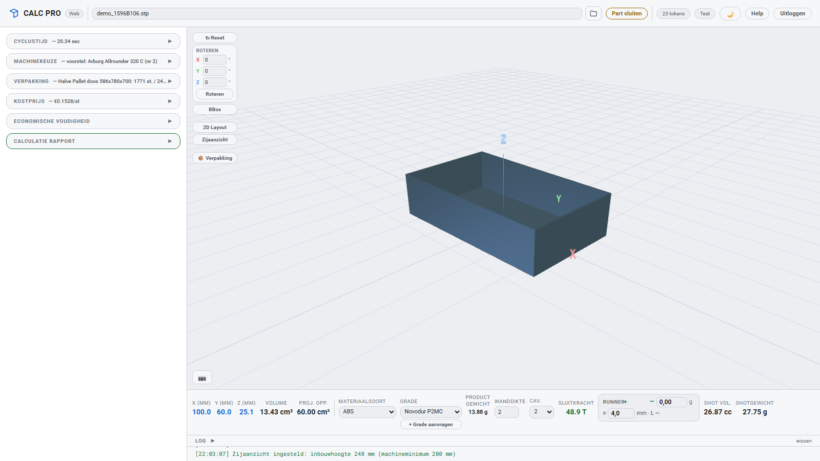 CALC PRO 3D viewer showing an uploaded STEP model