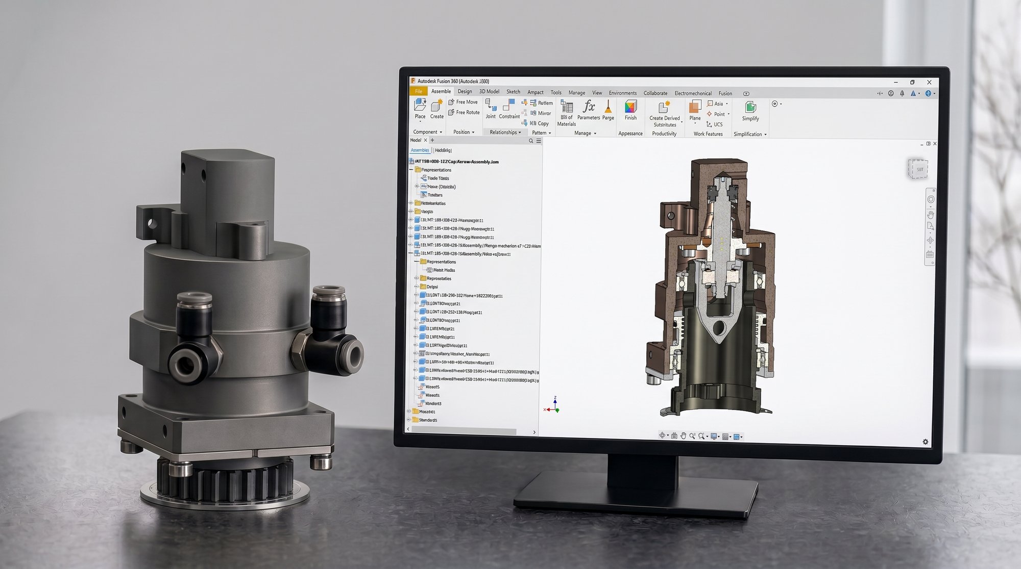 A machined metal assembly on a workbench beside a monitor showing its CAD cross-section model in the design software