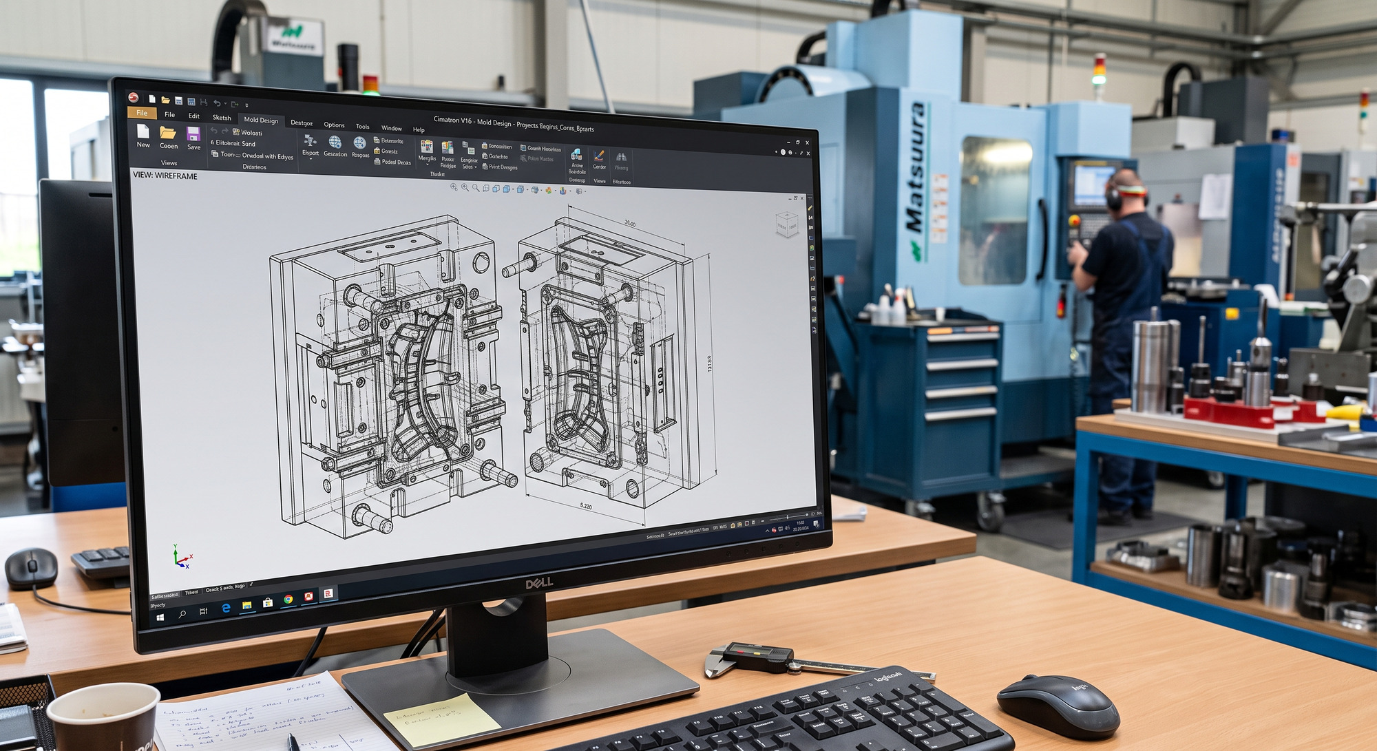 Mold design on screen in CAD, with the machine shop behind it